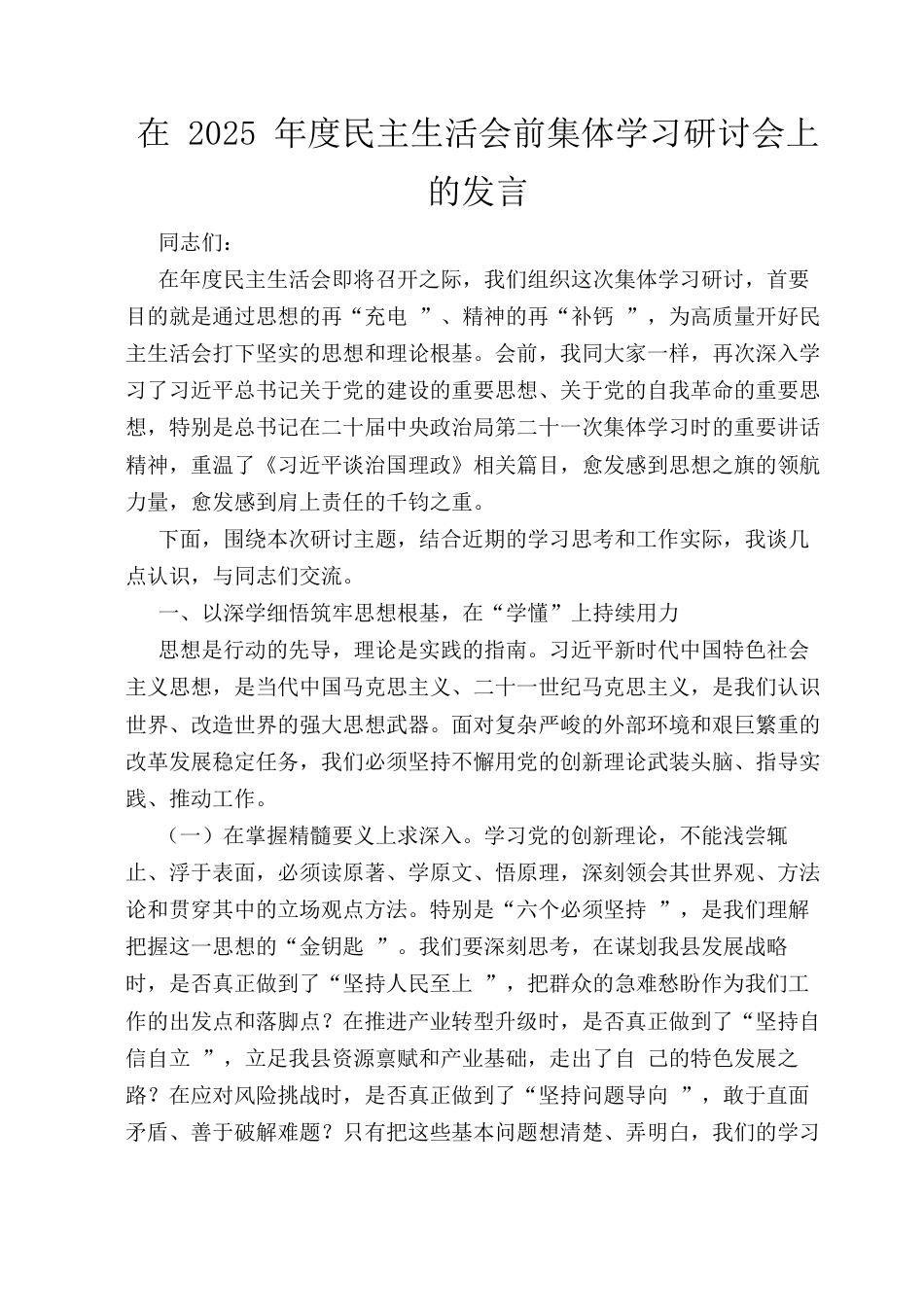 在2025年度民主生活会前集体学习研讨会上的发言.docx_第1页