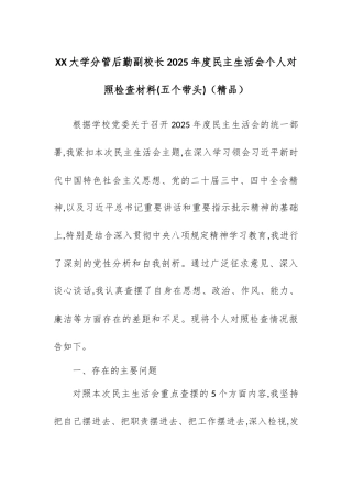 XX大学分管后勤副校长2025年度民主生活会个人对照检查材料(五个带头).docx