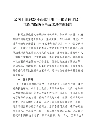 公司干部2025年选拔任用“一报告两评议”工作情况的分析及改进措施报告.doc