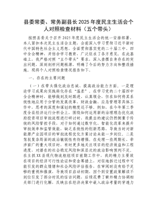 县委常委、常务副县长2025年度民主生活会个人对照检查材料（五个带头）.docx