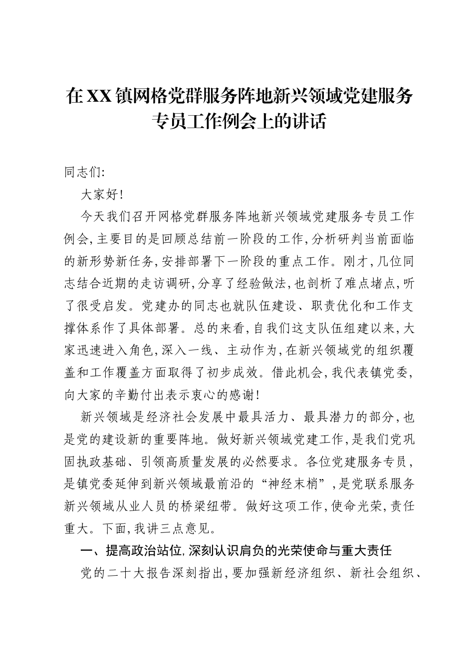 在XX镇网格党群服务阵地新兴领域党建服务专员工作例会上的讲话.docx_第1页