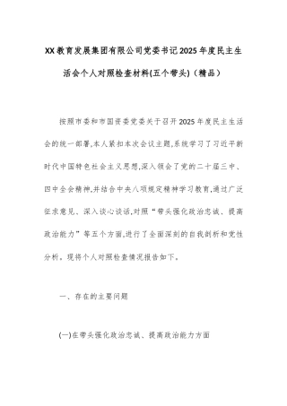 XX教育发展集团有限公司党委书记2025年度民主生活会个人对照检查材料(五个带头).docx