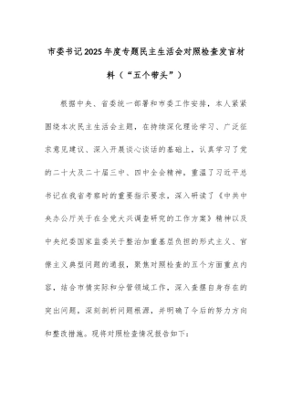 市委书记2025年度专题民主生活会对照检查发言材料（“五个带头”）.docx