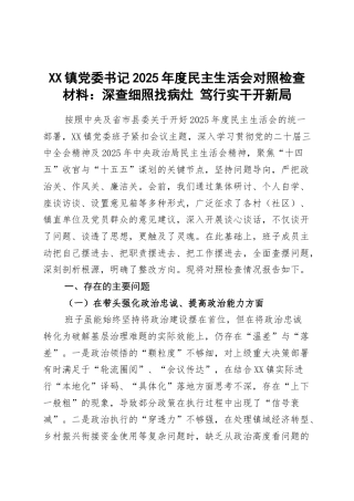 XX镇党委书记2025年度民主生活会对照检查材料：深查细照找病灶 笃行实干开新局.docx
