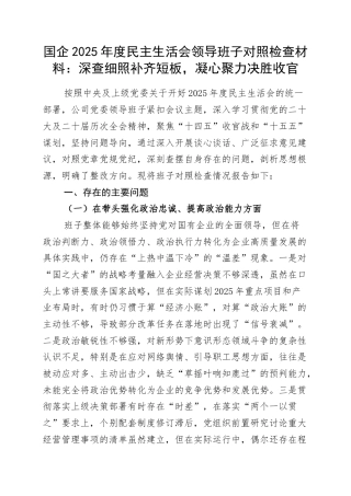 国企2025年度民主生活会领导班子对照检查材料：深查细照补齐短板，凝心聚力决胜收官.docx