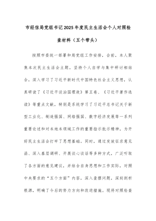 市经信局党组书记2025年度民主生活会个人对照检查材料（五个带头）.docx