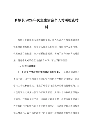 乡镇长2024年民主生活会个人对照检查材料.doc