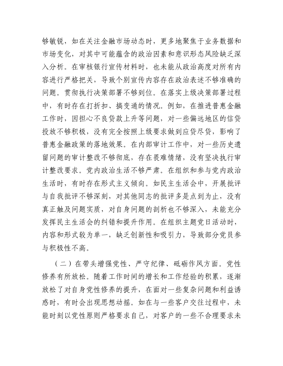 银行党委书记2024年度民主生活会个人对照检视发言材料.docx_第2页