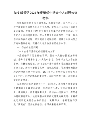 党支部书记2025年度组织生活会个人对照检查材料（4791字）.docx