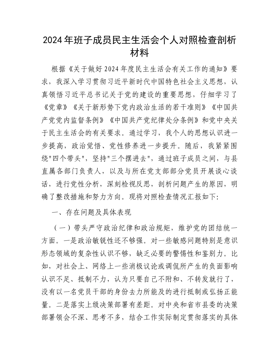 2024年班子成员民主生活会个人对照检查剖析材料.docx_第1页