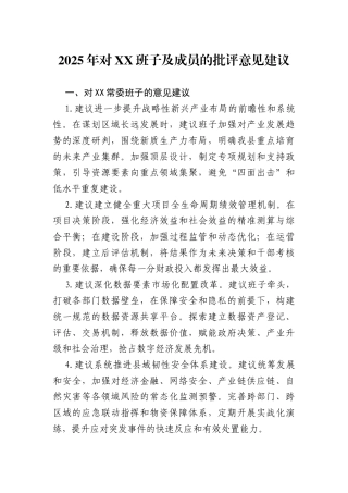 2025年对XX班子及成员的批评意见建议.docx