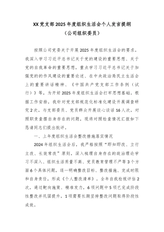XX党支部2025年度组织生活会个人发言提纲（公司组织委员）.docx