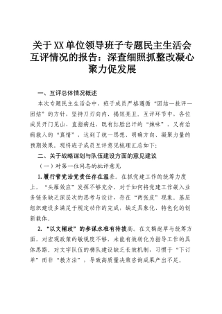 关于XX单位领导班子专题民主生活会互评情况的报告：深查细照抓整改 凝心聚力促发展.docx