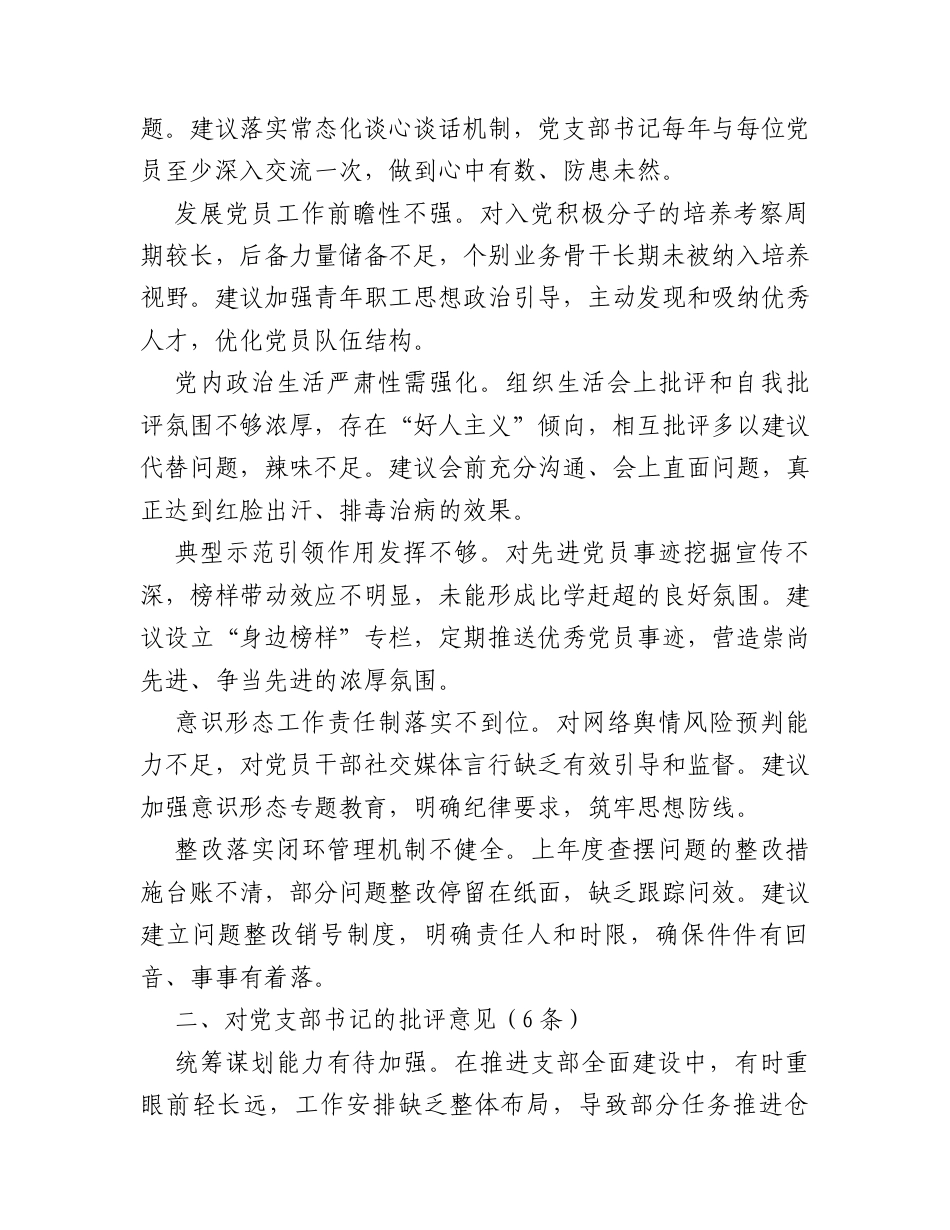 2025年度组织生活会对党支部及支委成员的批评意见参考.docx_第2页