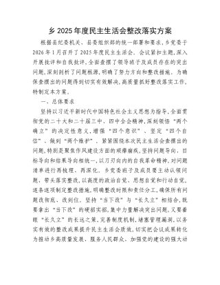 乡2025年度民主生活会整改落实方案.docx