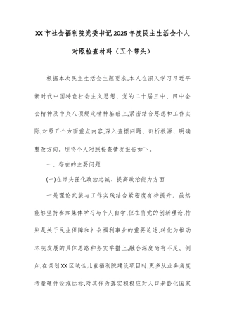 XX市社会福利院党委书记2025年度民主生活会个人对照检查材料（五个带头）.docx