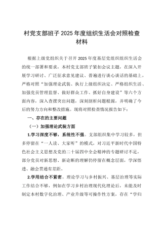 村党支部班子2025年度组织生活会对照检查材料（成员）.docx