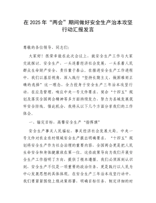 在2025年“两会”期间做好安全生产治本攻坚行动汇报发言.docx