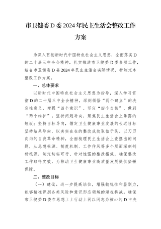 市卫健委D委2024年民主生活会整改工作方案.docx