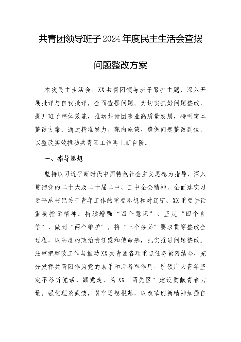 2024年度民主生活会查摆问题整改方案（共青团领导班子）.docx_第1页
