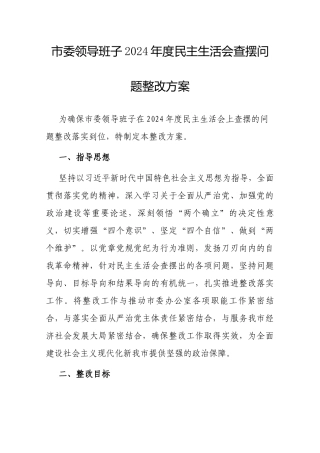 2024年度民主生活会查摆问题整改方案（市委领导班子） (2).docx