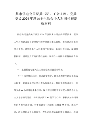 某市供电公司纪委书记、工会主席、党委委员2024年度民主生活会个人对照检视剖析材料.docx
