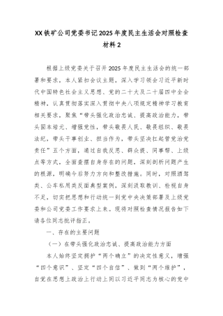 XX铁矿公司党委书记2025年度民主生活会对照检查材料2.docx