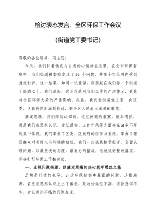 表态发言：全区环保工作会议（检讨）（街道党工委书记）.docx
