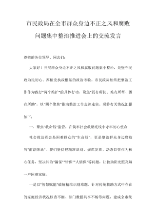 市民政局在全市群众身边不正之风和腐败问题集中整治推进会上的交流发言.docx
