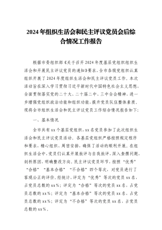 2024年组织生活会和民主评议党员会后综合情况工作报告.doc