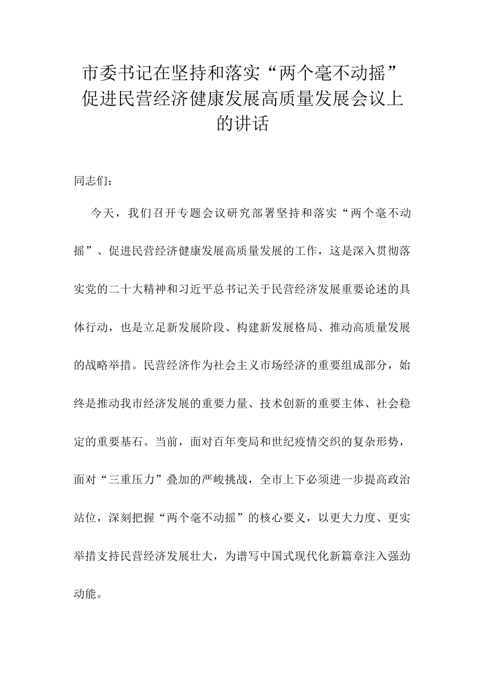 市委书记在坚持和落实“两个毫不动摇” 促进民营经济健康发展高质量发展会议上的讲话.docx_第1页