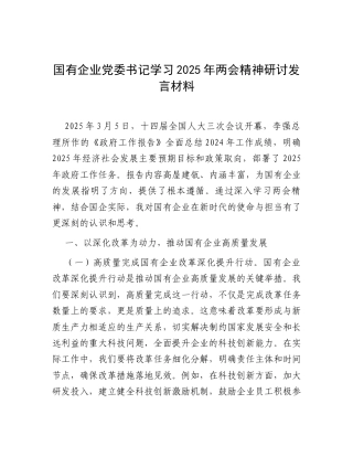 国有企业党委书记学习2025年两会精神研讨发言材料.docx