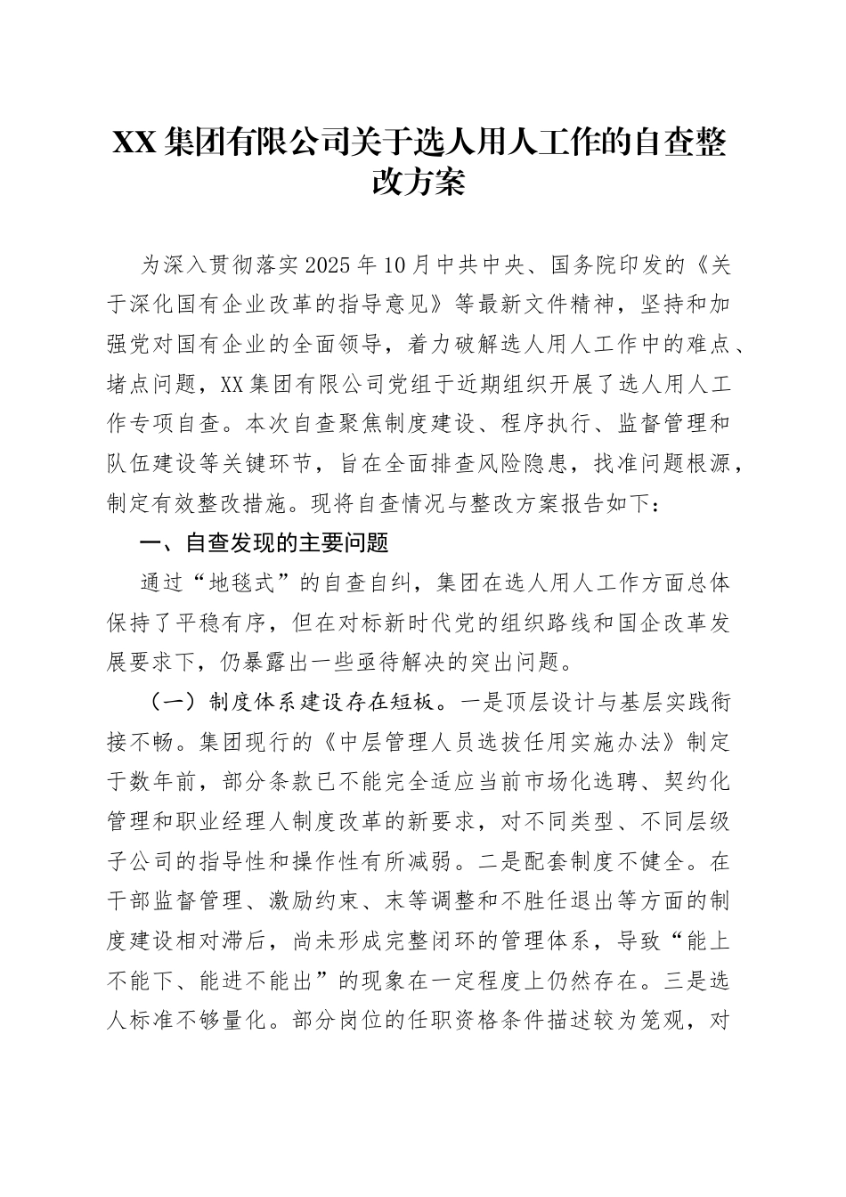 集团有限公司关于选人用人工作的自查整改方案.docx_第1页