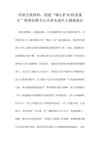经验交流材料：创建“城心护未·检爱成长”检察品牌关心关爱未成年人健康成长.docx
