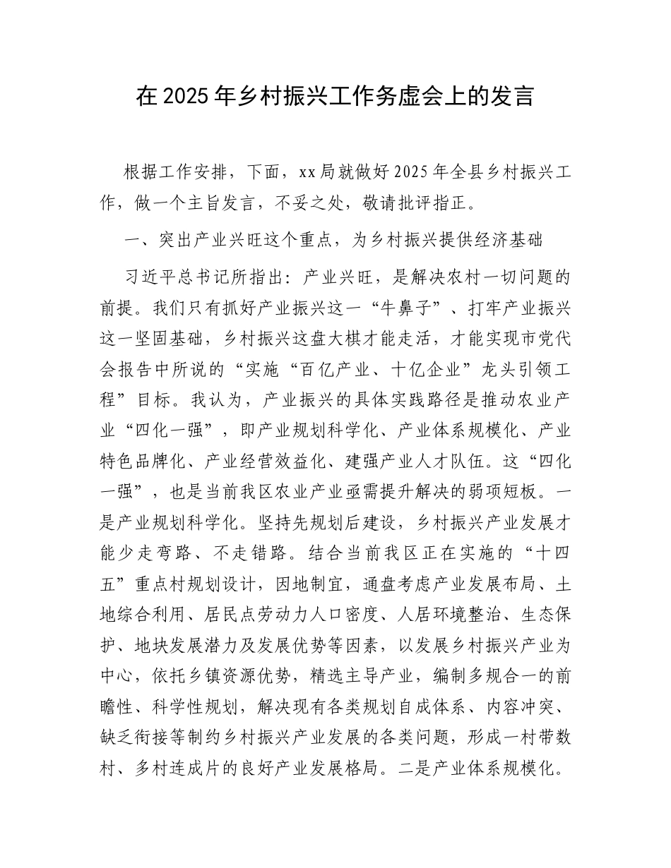 在2025年乡村振兴工作务虚会上的发言.docx_第1页