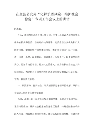 在全县公安局“化解矛盾风险、维护社会稳定”专项工作会议上的讲话docx.docx