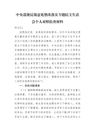 中央巡视反馈意见整改落实专题民主生活会个人对照检查材料.docx