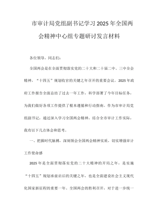 市审计局党组副书记学习2025年全国两会精神中心组专题研讨发言材料.docx