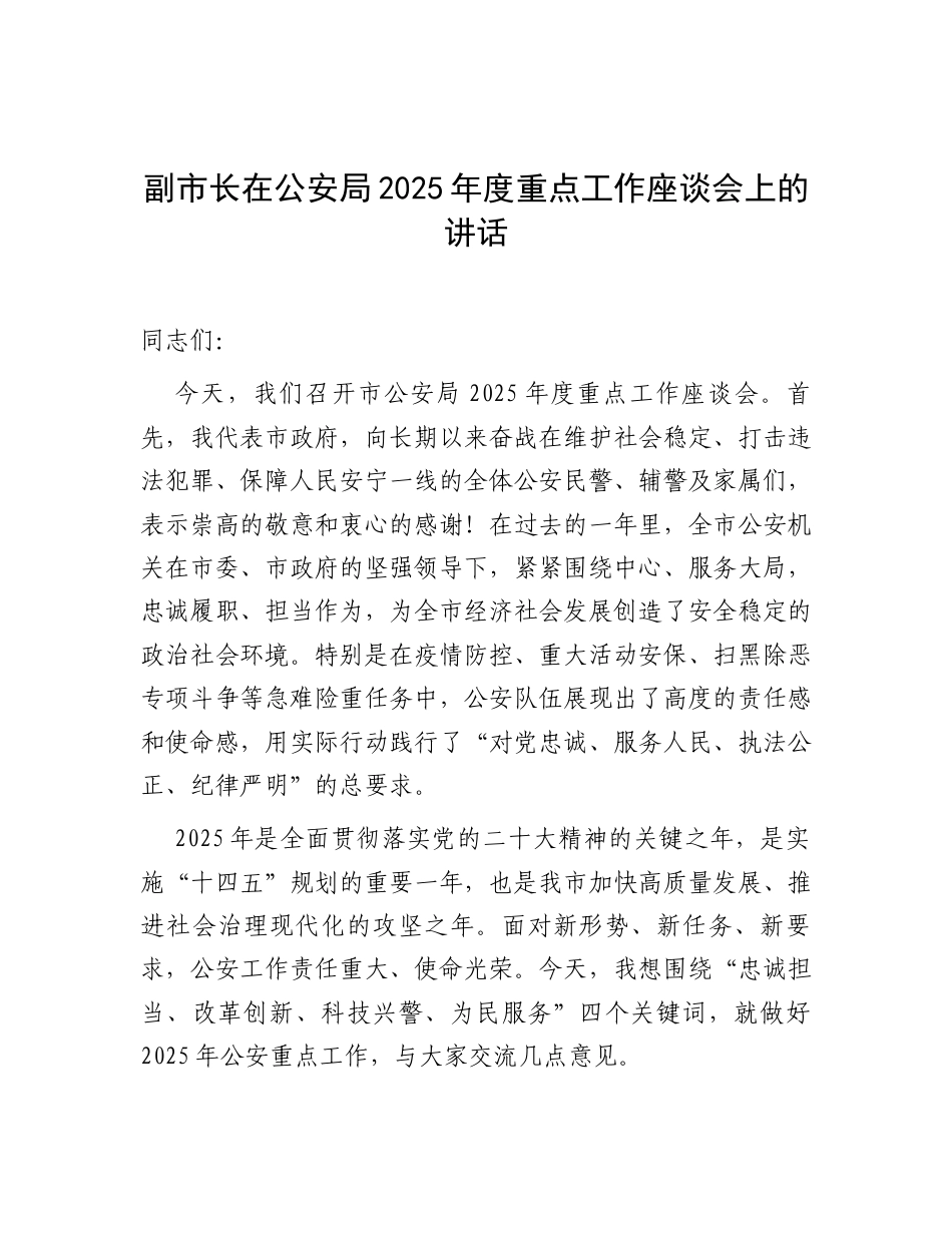 在2025年重点工作座谈会上的讲话（副市长、公安局长）.docx_第1页