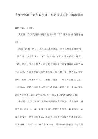 青年干部在“青年说清廉”专题演讲比赛上的演讲稿.docx
