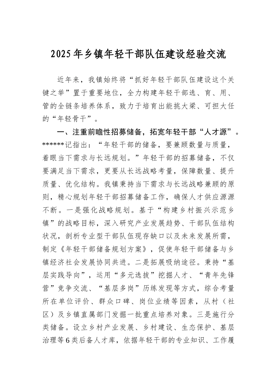 2025年乡镇年轻干部队伍建设经验交流.docx_第1页