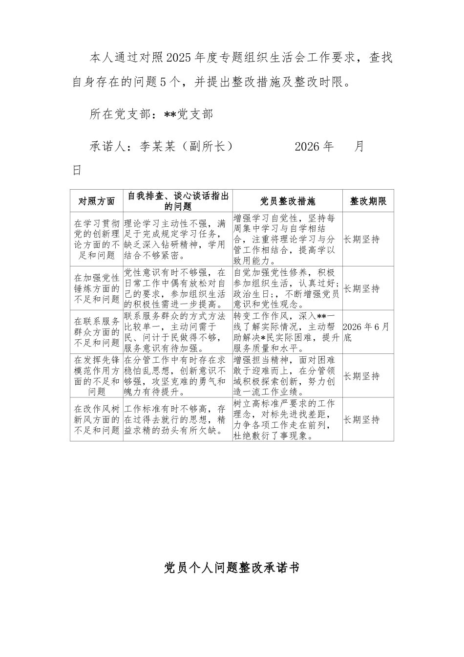 （7篇）2025年组织生活会党员个人问题整改承诺书汇编.docx_第2页