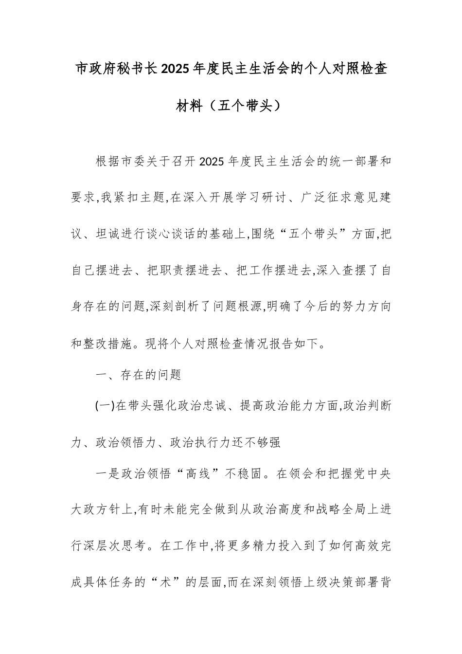 市政府秘书长2025年度民主生活会的个人对照检查材料（五个带头）.docx_第1页