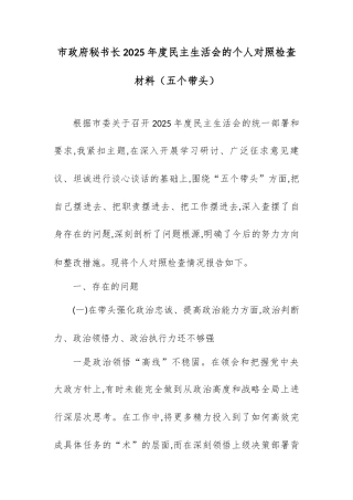 市政府秘书长2025年度民主生活会的个人对照检查材料（五个带头）.docx