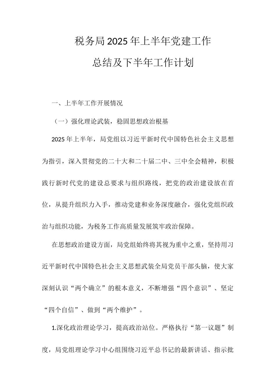 税务局2025年上半年党建工作总结及下半年工作计划.docx_第1页