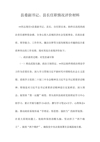 县委副书记、县长任职情况评价材料.docx