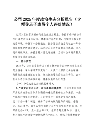 公司2025年度政治生态分析报告（含领导班子成员个人评价情况）.docx