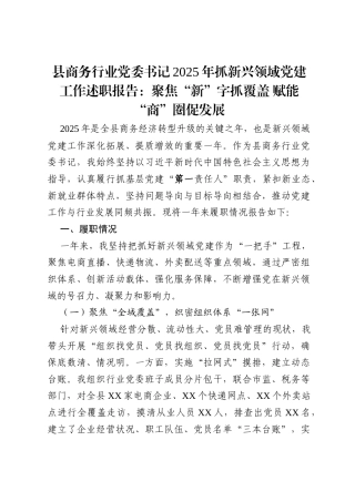 县商务行业党委书记2025年抓新兴领域党建工作述职报告：聚焦“新”字抓覆盖 赋能“商”圈促发展.docx