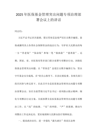 2025年医保基金管理突出问题专项治理部署会议上的讲话.docx