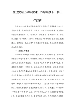 国企党组上半年党建工作总结及下一步工作打算.doc